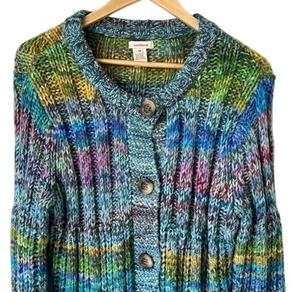 SUNDANCE Sweater Coat Rainbow Knit Pinebrook Long Cardigan Duster Wool Green M - Picture 3 of 4